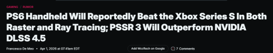 PS6掌机性能爆料：光追超XSS，画质或超DLSS 4.5